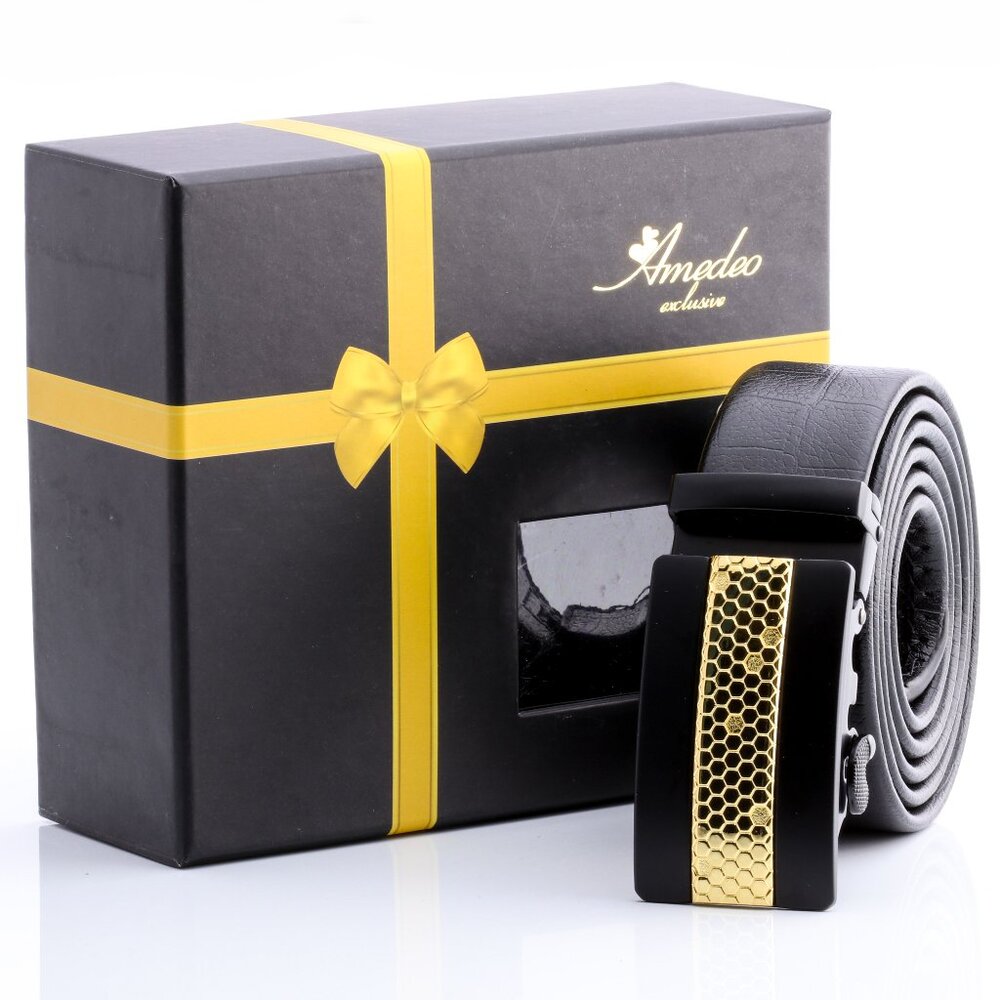 Gold Honeycomb Automatic Ratchet Belt Black Leather, No Holes needed Perfect Fit